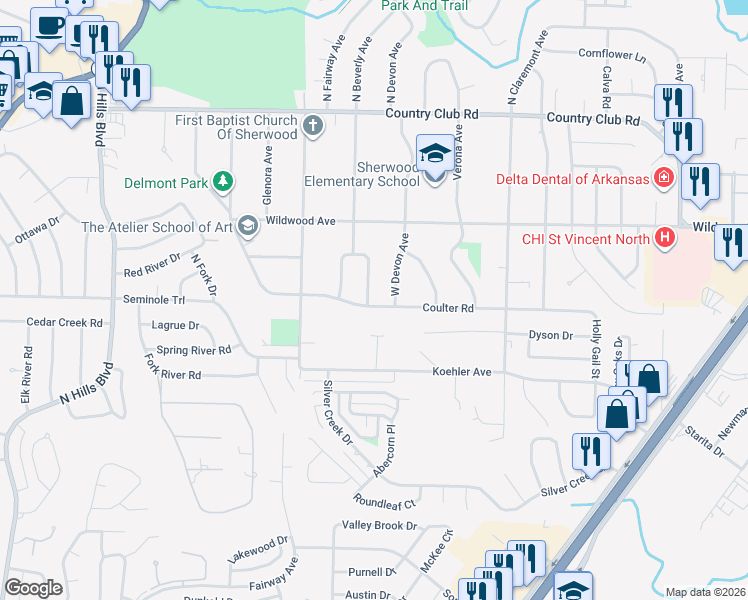 map of restaurants, bars, coffee shops, grocery stores, and more near 608 East Beverly Avenue in Sherwood