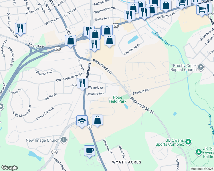map of restaurants, bars, coffee shops, grocery stores, and more near 300 Pope Field Road in Easley
