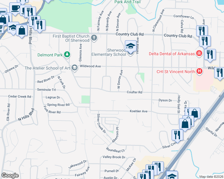 map of restaurants, bars, coffee shops, grocery stores, and more near 608 East Beverly Avenue in Sherwood