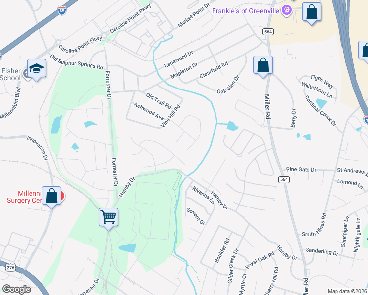 map of restaurants, bars, coffee shops, grocery stores, and more near 106 Glenmont Lane in Greenville