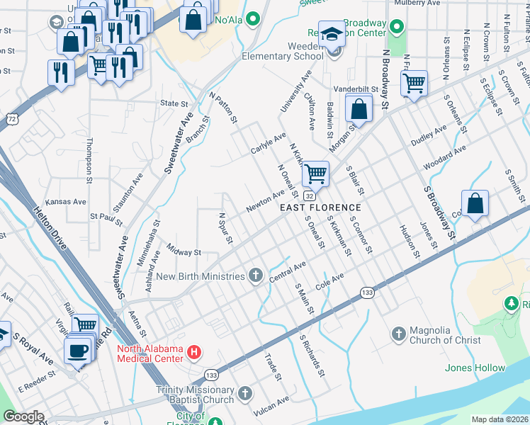 map of restaurants, bars, coffee shops, grocery stores, and more near 114 North Main Street in Florence