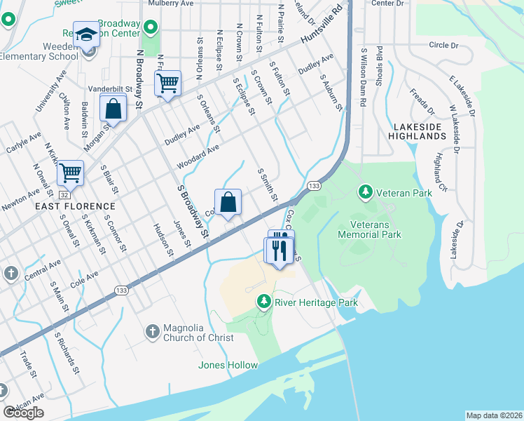 map of restaurants, bars, coffee shops, grocery stores, and more near 3501 Veterans Drive in Florence