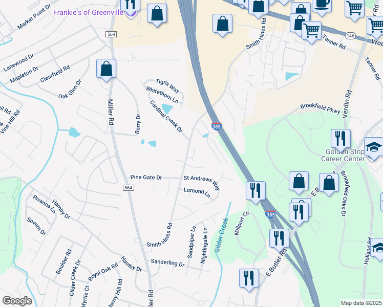 map of restaurants, bars, coffee shops, grocery stores, and more near 117 Emerywood Lane in Greenville