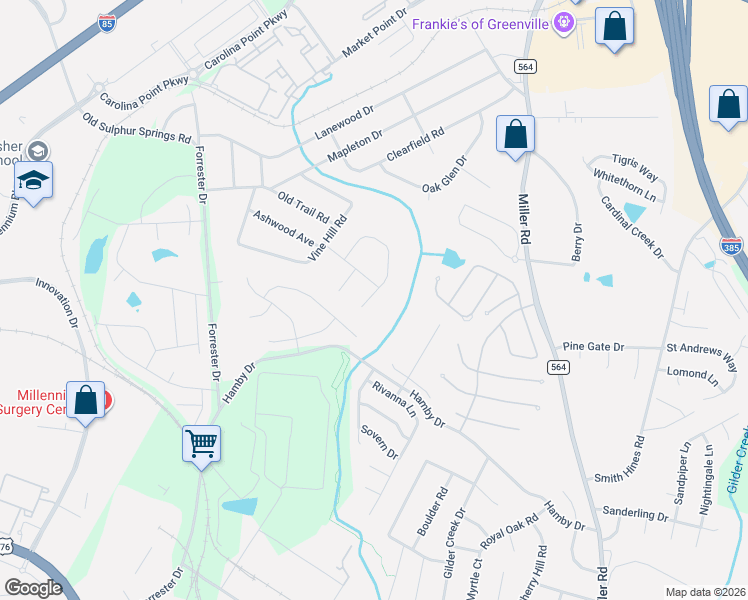 map of restaurants, bars, coffee shops, grocery stores, and more near 101 Glenmont Lane in Greenville