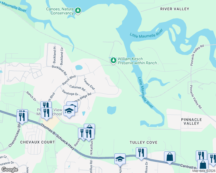 map of restaurants, bars, coffee shops, grocery stores, and more near 74 Ranch Ridge Road in Little Rock