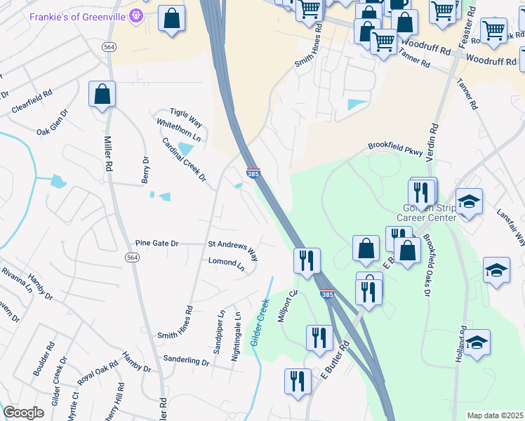 map of restaurants, bars, coffee shops, grocery stores, and more near 439 Christiane Way in Greenville