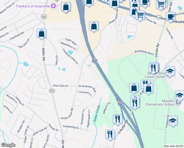 map of restaurants, bars, coffee shops, grocery stores, and more near 116 Awendaw Way in Greenville