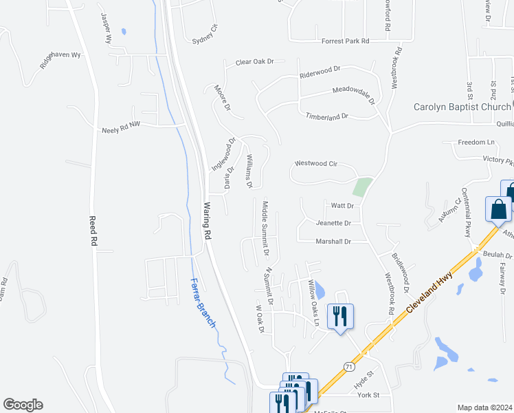 map of restaurants, bars, coffee shops, grocery stores, and more near 177 East Summit Drive in Dalton