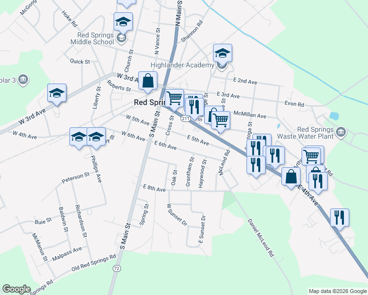 map of restaurants, bars, coffee shops, grocery stores, and more near 217 East 6th Avenue in Red Springs