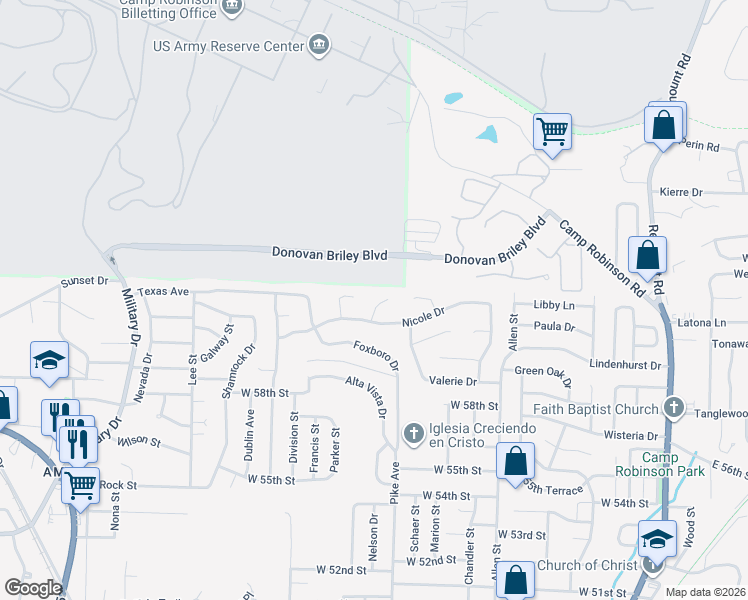map of restaurants, bars, coffee shops, grocery stores, and more near 9 Foxboro Court in North Little Rock
