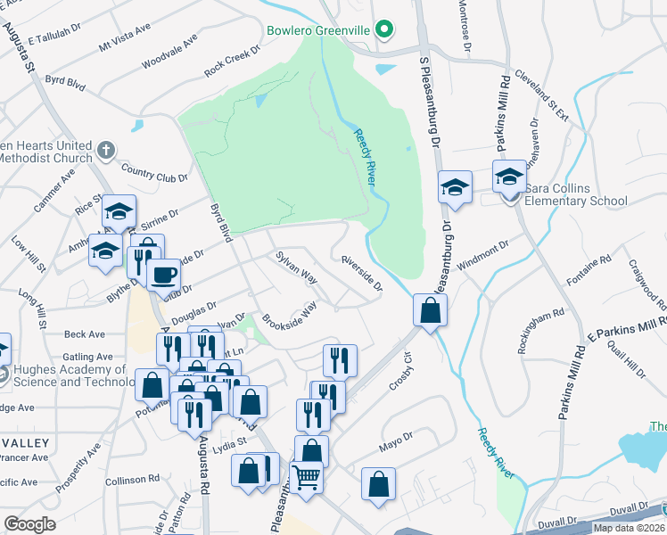 map of restaurants, bars, coffee shops, grocery stores, and more near 326 Riverside Drive in Greenville