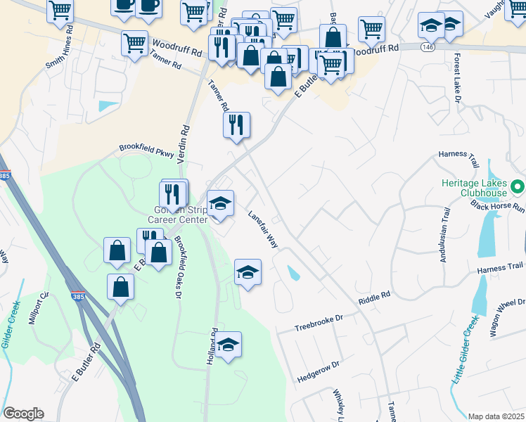 map of restaurants, bars, coffee shops, grocery stores, and more near 408 Ashby Park Lane in Greenville