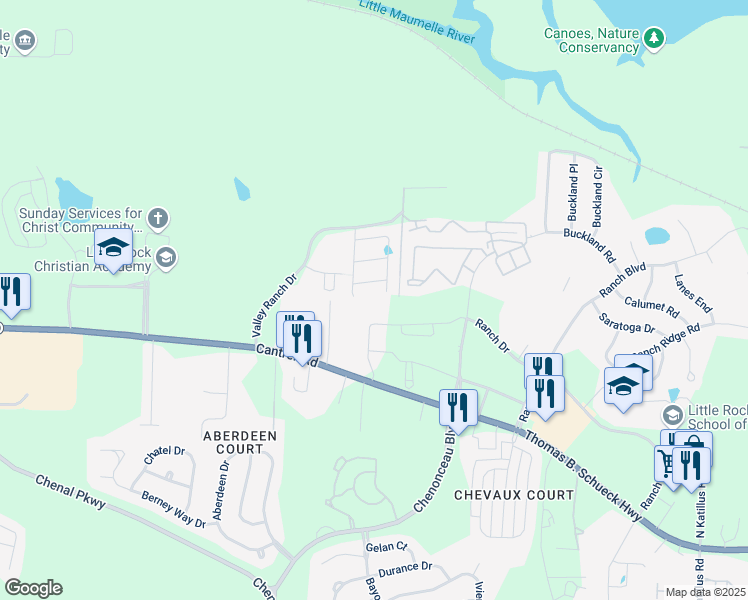 map of restaurants, bars, coffee shops, grocery stores, and more near 27 Valley Ranch Cove in Little Rock