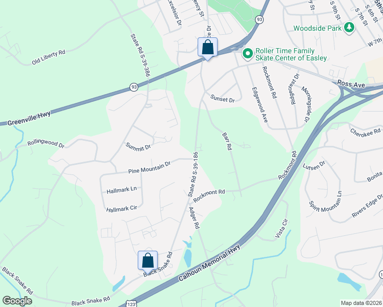 map of restaurants, bars, coffee shops, grocery stores, and more near 189 Pine Mountain Drive in Easley