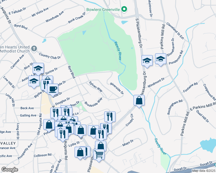 map of restaurants, bars, coffee shops, grocery stores, and more near 326 Riverside Drive in Greenville