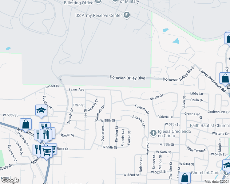 map of restaurants, bars, coffee shops, grocery stores, and more near 408 Texas Avenue in North Little Rock