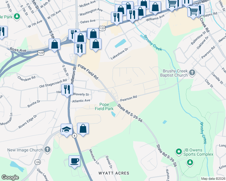 map of restaurants, bars, coffee shops, grocery stores, and more near 401 Pope Field Road in Easley
