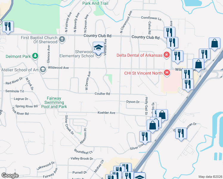 map of restaurants, bars, coffee shops, grocery stores, and more near 612 Verona Avenue in Sherwood