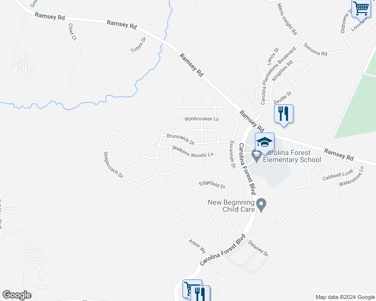 map of restaurants, bars, coffee shops, grocery stores, and more near 504 Walkens Woods Lane in Jacksonville