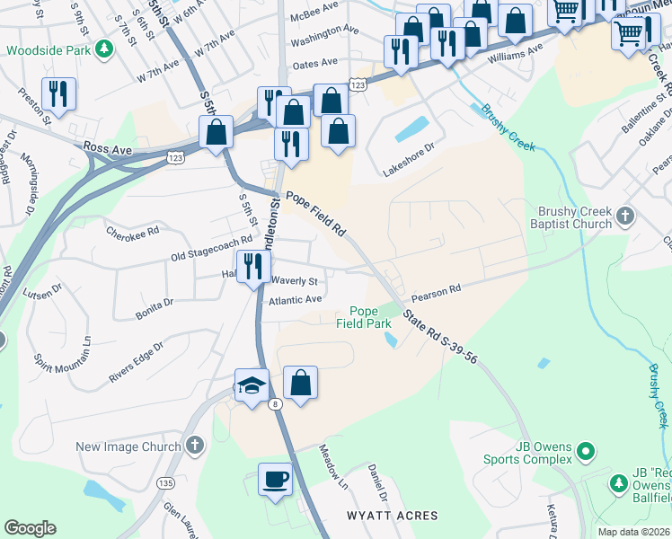 map of restaurants, bars, coffee shops, grocery stores, and more near 300 Pope Field Road in Easley