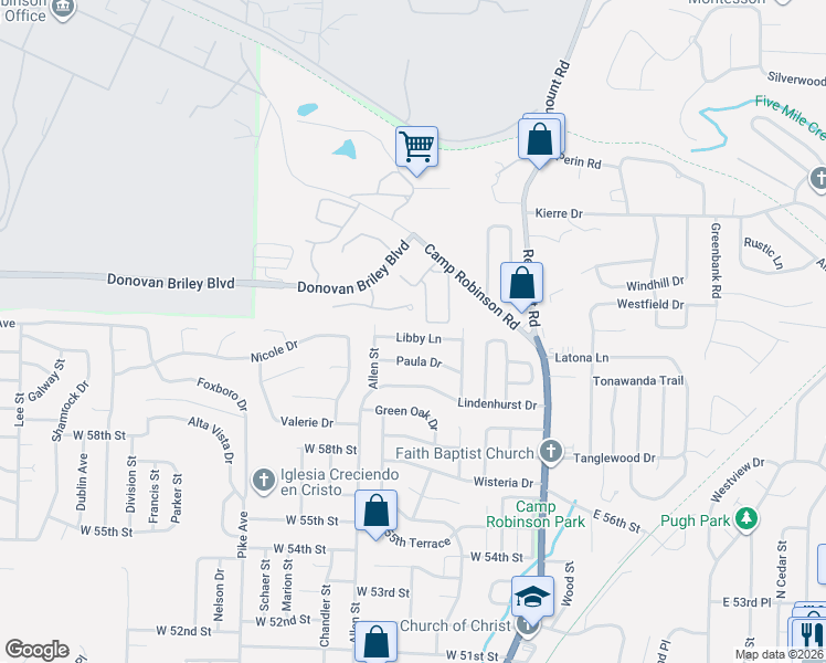 map of restaurants, bars, coffee shops, grocery stores, and more near 512 Libby Lane in North Little Rock