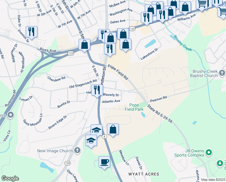 map of restaurants, bars, coffee shops, grocery stores, and more near 106 Pope Field Road in Easley