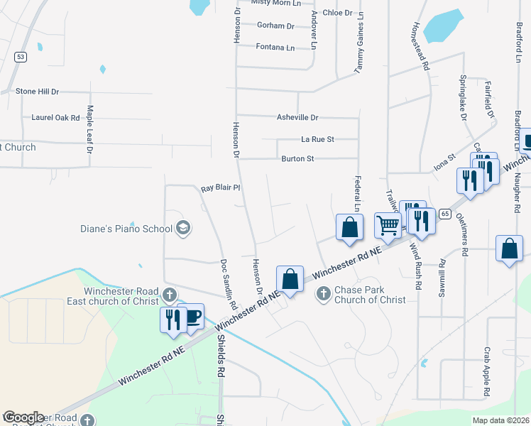 map of restaurants, bars, coffee shops, grocery stores, and more near 121 Henson Drive in Huntsville
