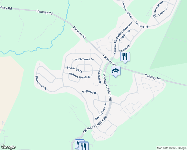 map of restaurants, bars, coffee shops, grocery stores, and more near 305 Walkens Woods Lane in Jacksonville