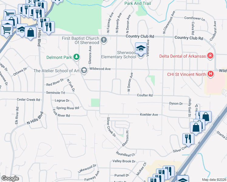 map of restaurants, bars, coffee shops, grocery stores, and more near 610 Beverly Avenue West in Sherwood