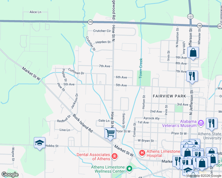 map of restaurants, bars, coffee shops, grocery stores, and more near 801 Hine Street North in Athens