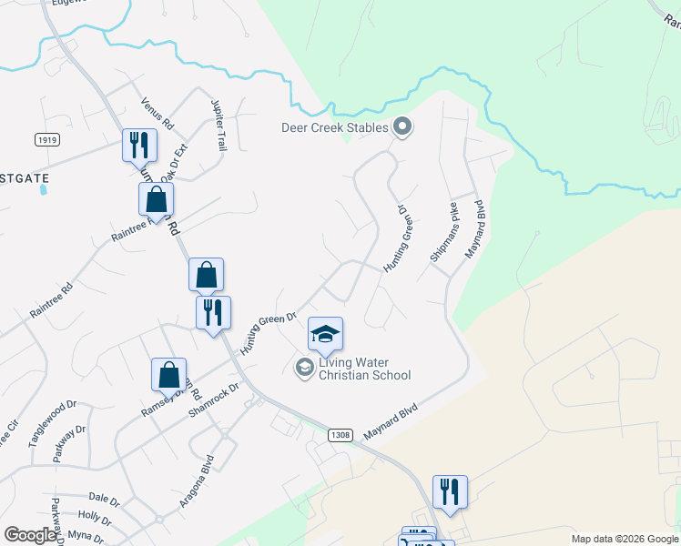 map of restaurants, bars, coffee shops, grocery stores, and more near 362 Hunting Green Drive in Jacksonville