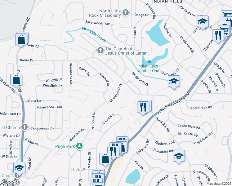 map of restaurants, bars, coffee shops, grocery stores, and more near 6401 Countryside Drive in North Little Rock