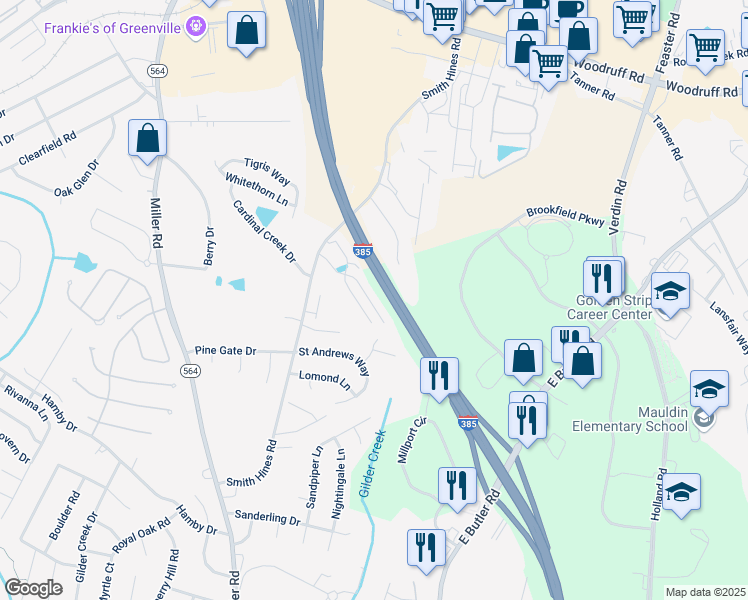 map of restaurants, bars, coffee shops, grocery stores, and more near 435 Christiane Way in Greenville