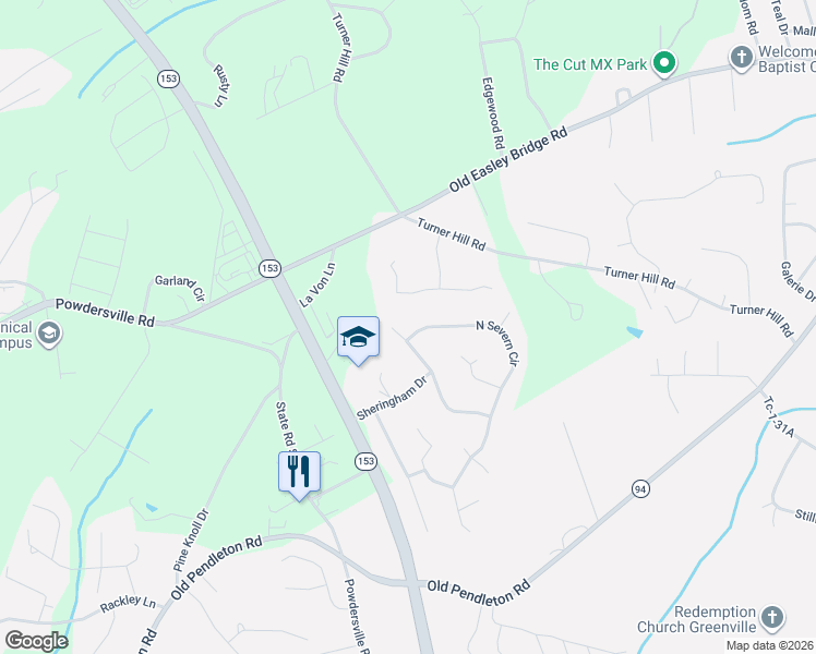 map of restaurants, bars, coffee shops, grocery stores, and more near 242 North Severn Circle in Easley