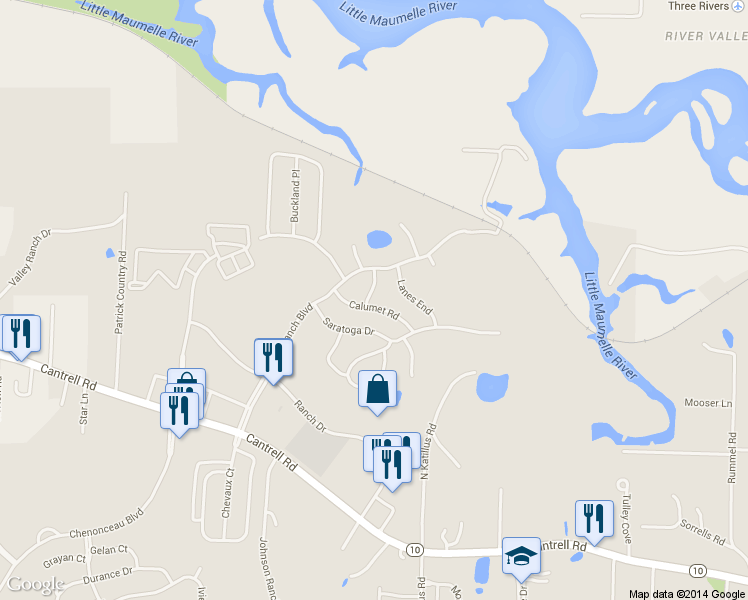 map of restaurants, bars, coffee shops, grocery stores, and more near 1 Keeneland Drive in Little Rock
