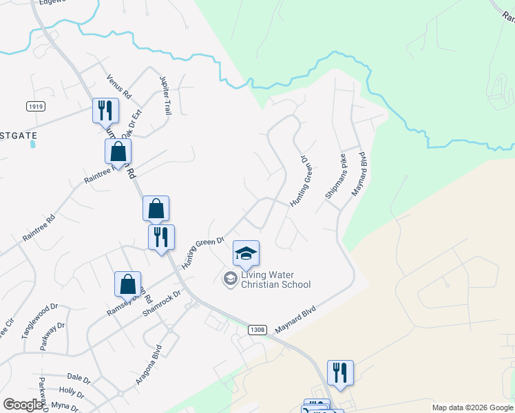 map of restaurants, bars, coffee shops, grocery stores, and more near 362 Hunting Green Drive in Jacksonville