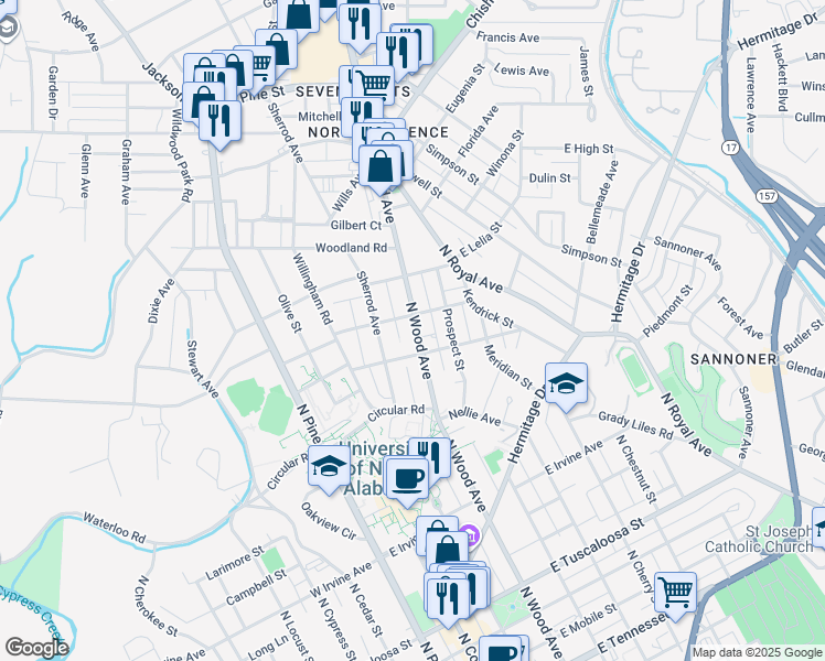 map of restaurants, bars, coffee shops, grocery stores, and more near 817 North Wood Avenue in Florence