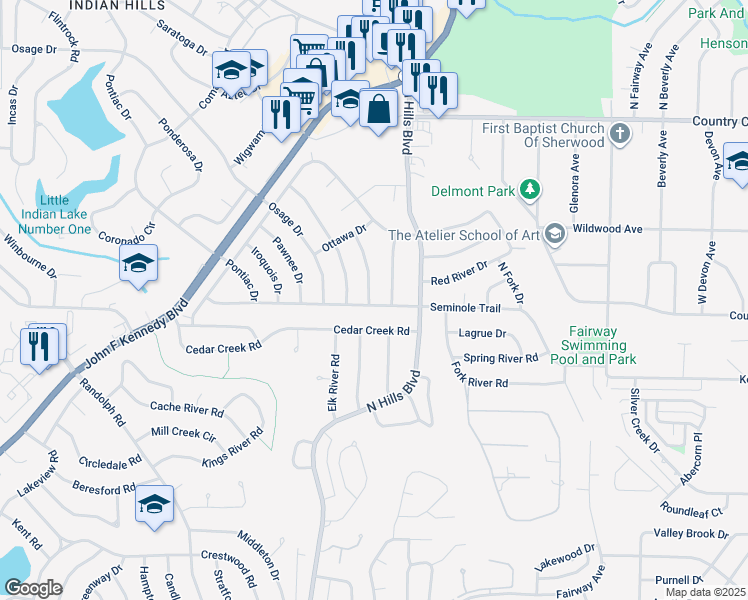 map of restaurants, bars, coffee shops, grocery stores, and more near 6200 Blackhawk Dr in North Little Rock