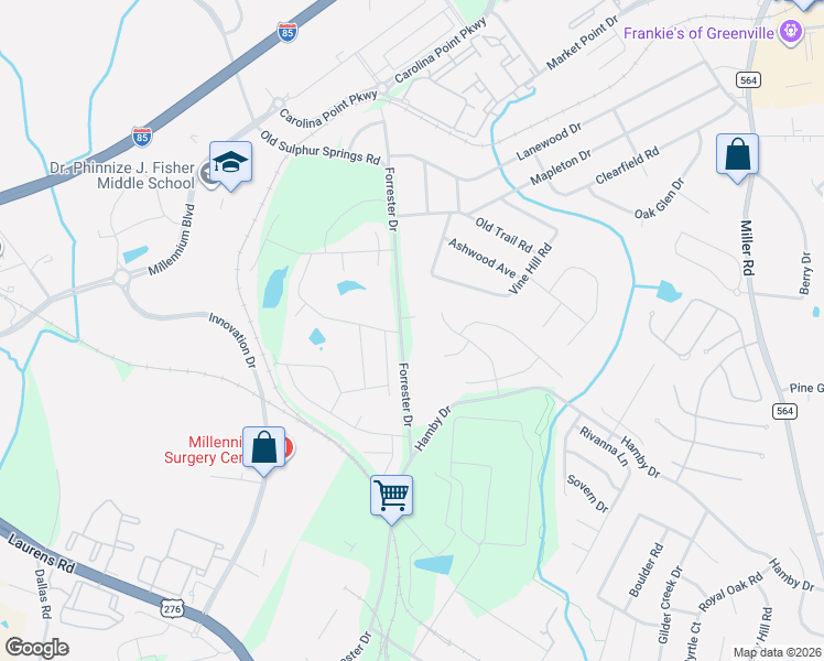 map of restaurants, bars, coffee shops, grocery stores, and more near 380 Forrester Drive in Greenville