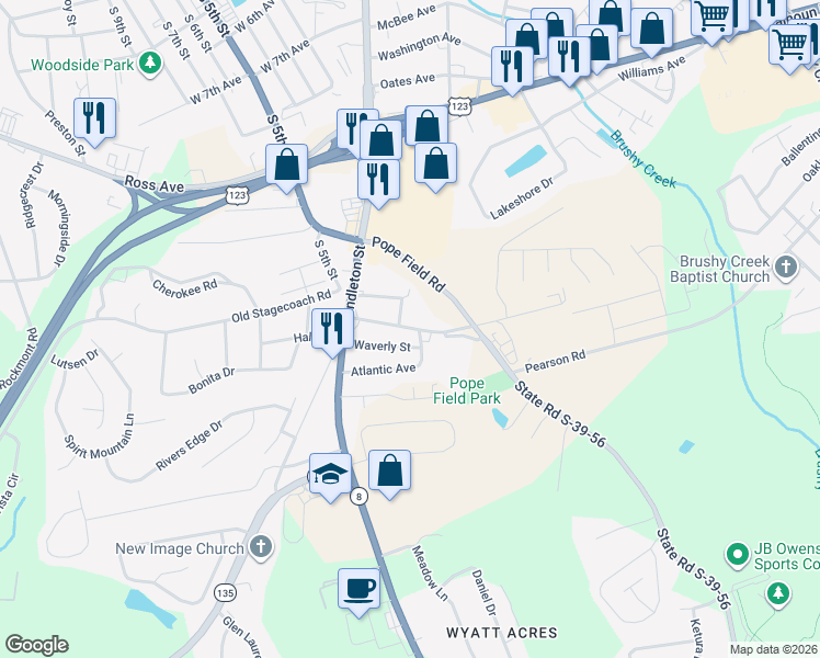 map of restaurants, bars, coffee shops, grocery stores, and more near 106 Pope Field Road in Easley