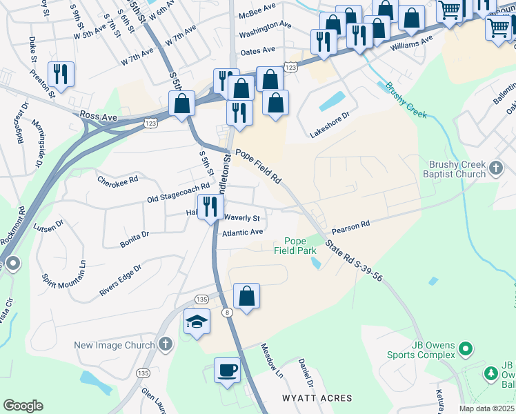 map of restaurants, bars, coffee shops, grocery stores, and more near 106 Pope Field Road in Easley