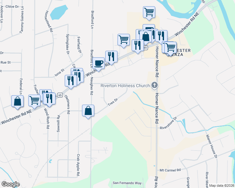 map of restaurants, bars, coffee shops, grocery stores, and more near 118 Tres Drive in Huntsville