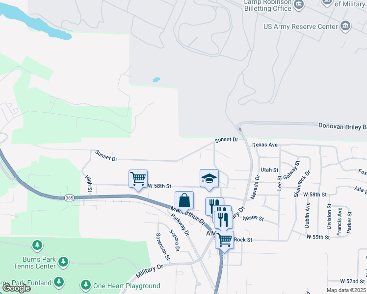 map of restaurants, bars, coffee shops, grocery stores, and more near 42 Sunset Drive in North Little Rock