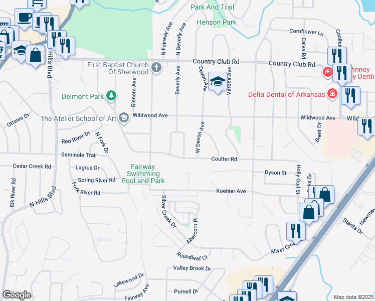 map of restaurants, bars, coffee shops, grocery stores, and more near 608 East Beverly Avenue in Sherwood