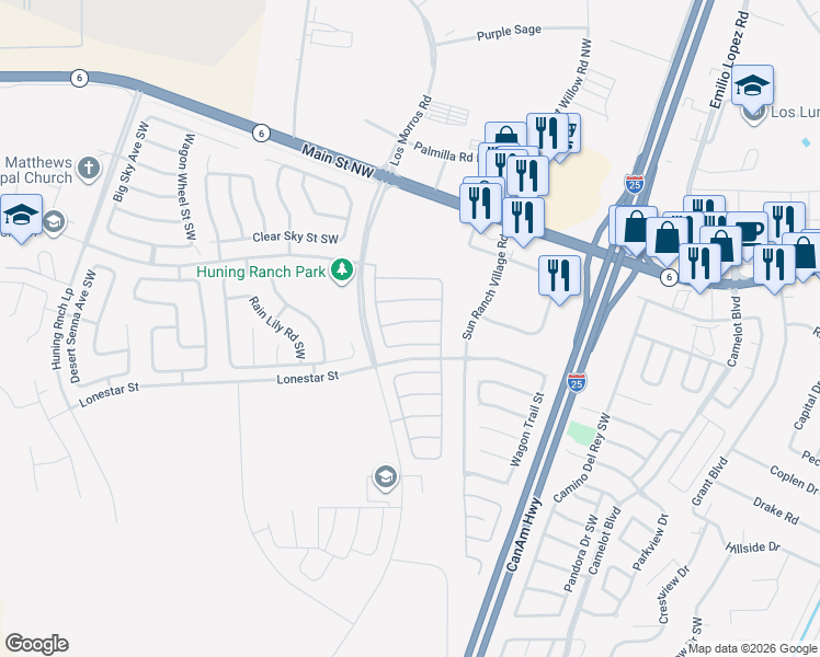 map of restaurants, bars, coffee shops, grocery stores, and more near 690 Primrose Avenue Southwest in Los Lunas