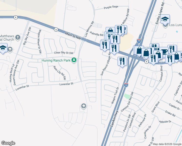 map of restaurants, bars, coffee shops, grocery stores, and more near 690 Primrose Avenue Southwest in Los Lunas