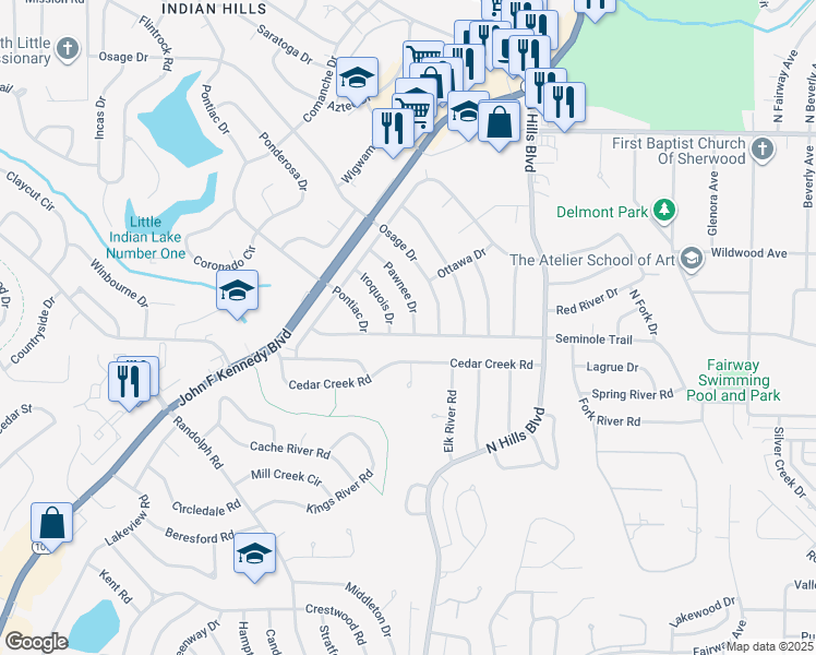 map of restaurants, bars, coffee shops, grocery stores, and more near 6201 Pawnee Drive in North Little Rock
