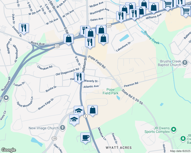 map of restaurants, bars, coffee shops, grocery stores, and more near 106 Pope Field Road in Easley