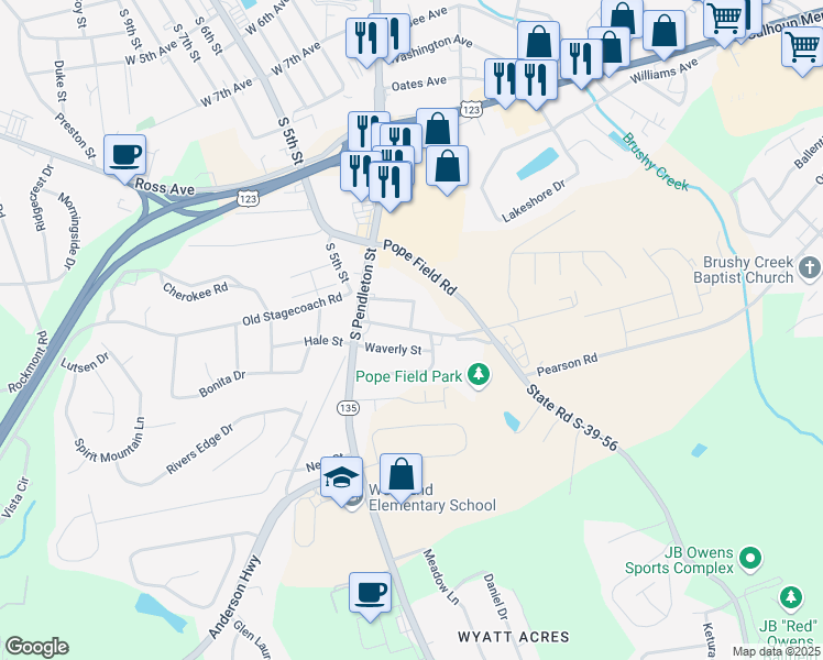map of restaurants, bars, coffee shops, grocery stores, and more near 106 Pope Field Road in Easley