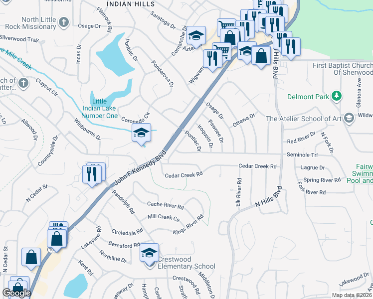 map of restaurants, bars, coffee shops, grocery stores, and more near 2111 Seminole Trail in North Little Rock